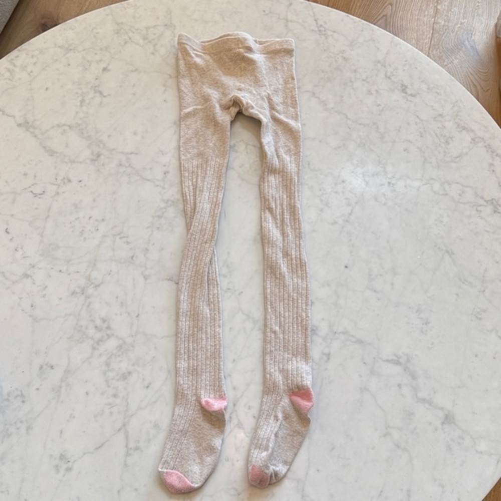 Mini Boden Ribbed Tights Oatmeal Pink Heel Toe Girls 9-10